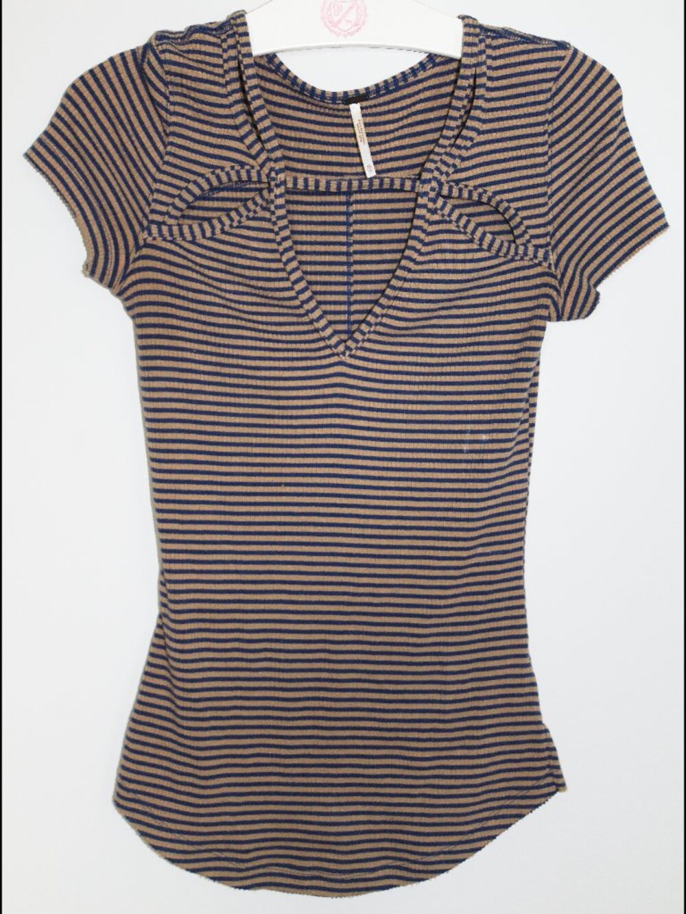 Free People Blue and Brown Striped size XS Tee with cute details